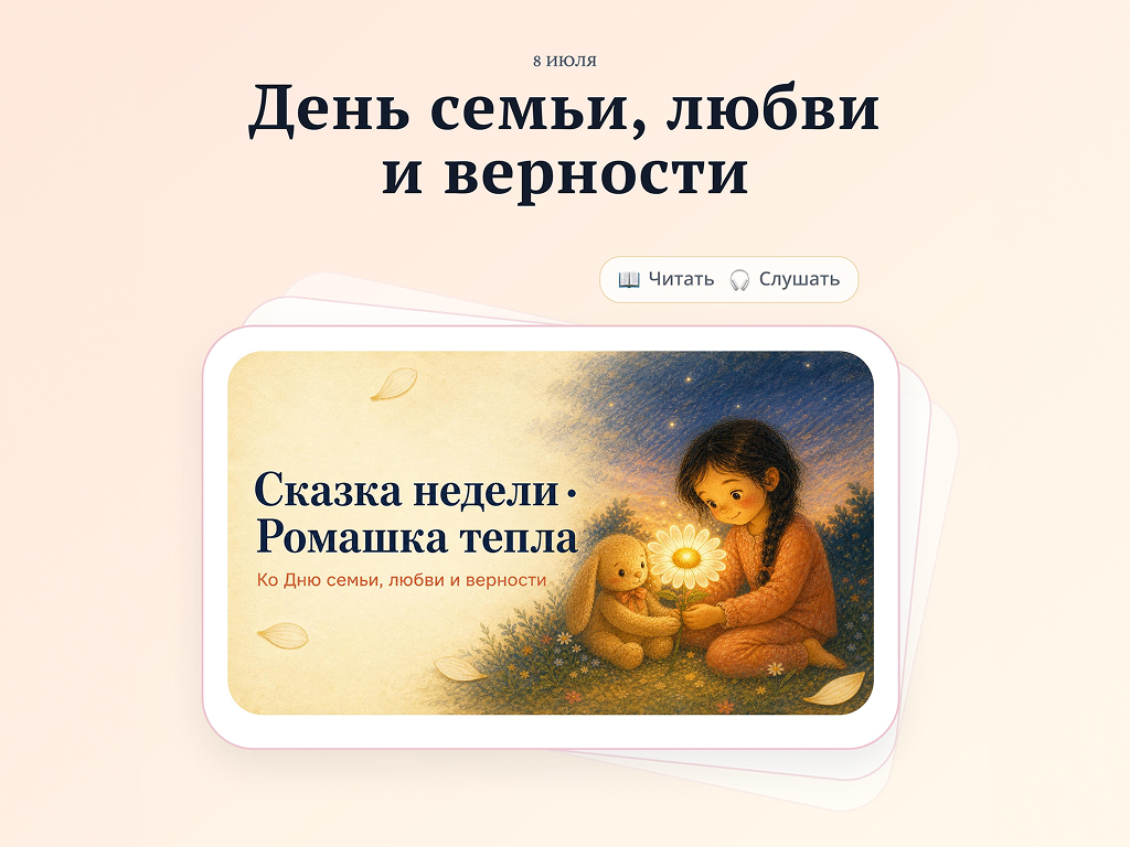 Пост Сказии ко Дню семьи, любви и верности с анонсом сказки недели «Ромашка тепла» и иллюстрацией девочки с игрушечным медвежонком.