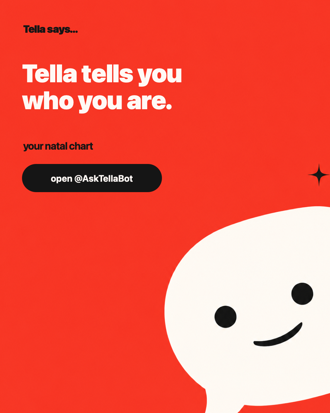 Tella promo post — “Tella tells you who you are” with an open @AskTellaBot button