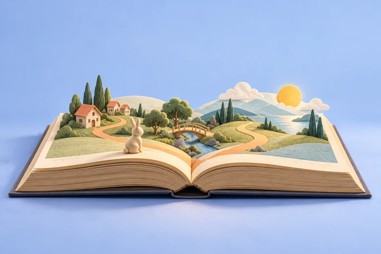 Открытая книга-атлас: кролик, дома, мост и тропинки через зелёные холмы к солнечному озеру.
